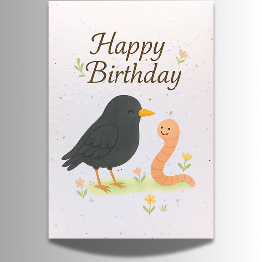 Plantable Seed Happy Birthday Card - Blackbird and Worm [Blank inside]
