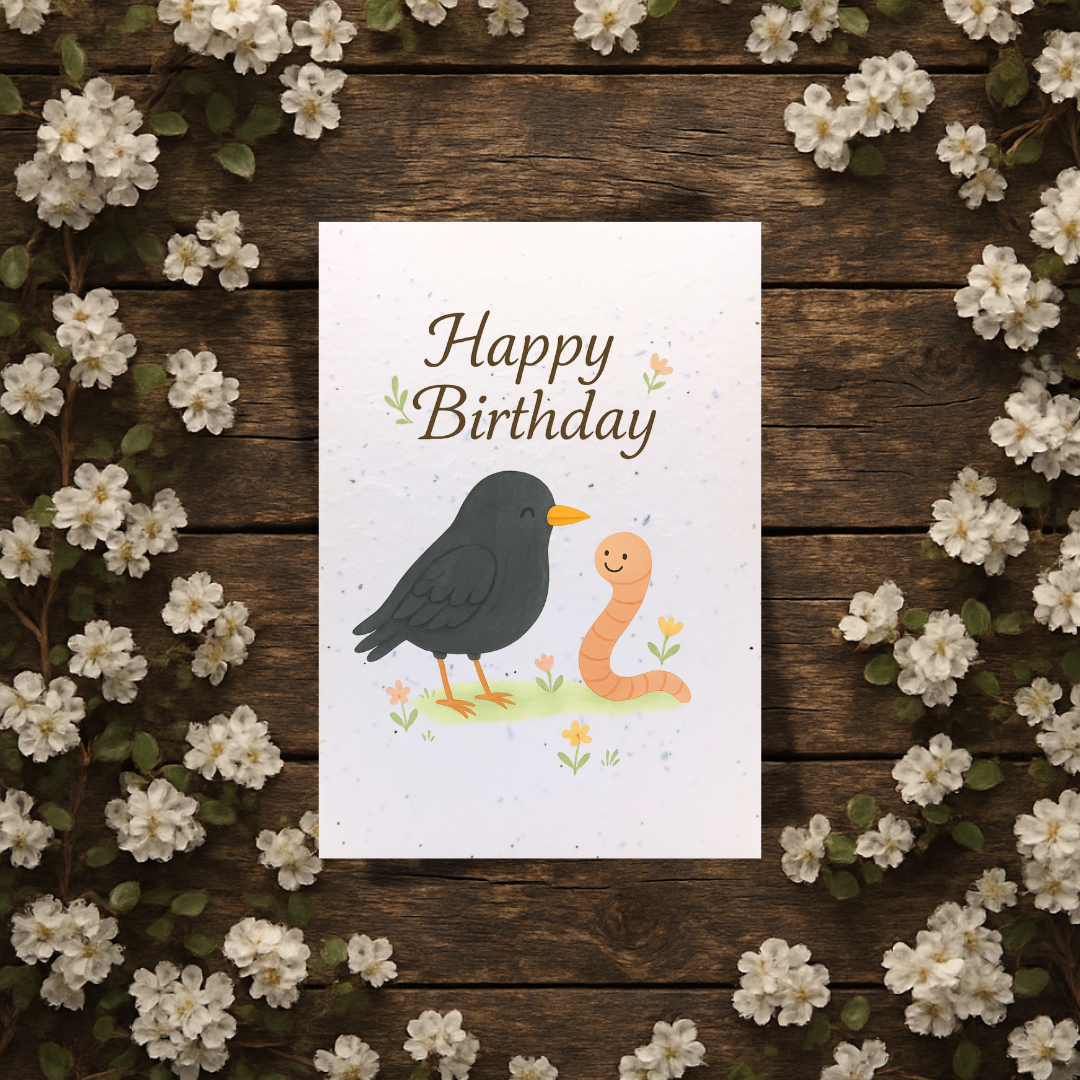 Plantable Seed Happy Birthday Card - Blackbird and Worm [Blank inside]