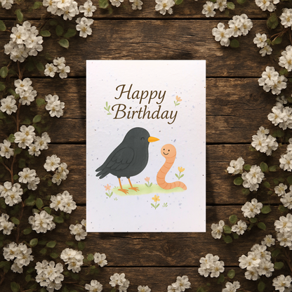 Plantable Seed Happy Birthday Card - Blackbird and Worm [Blank inside]