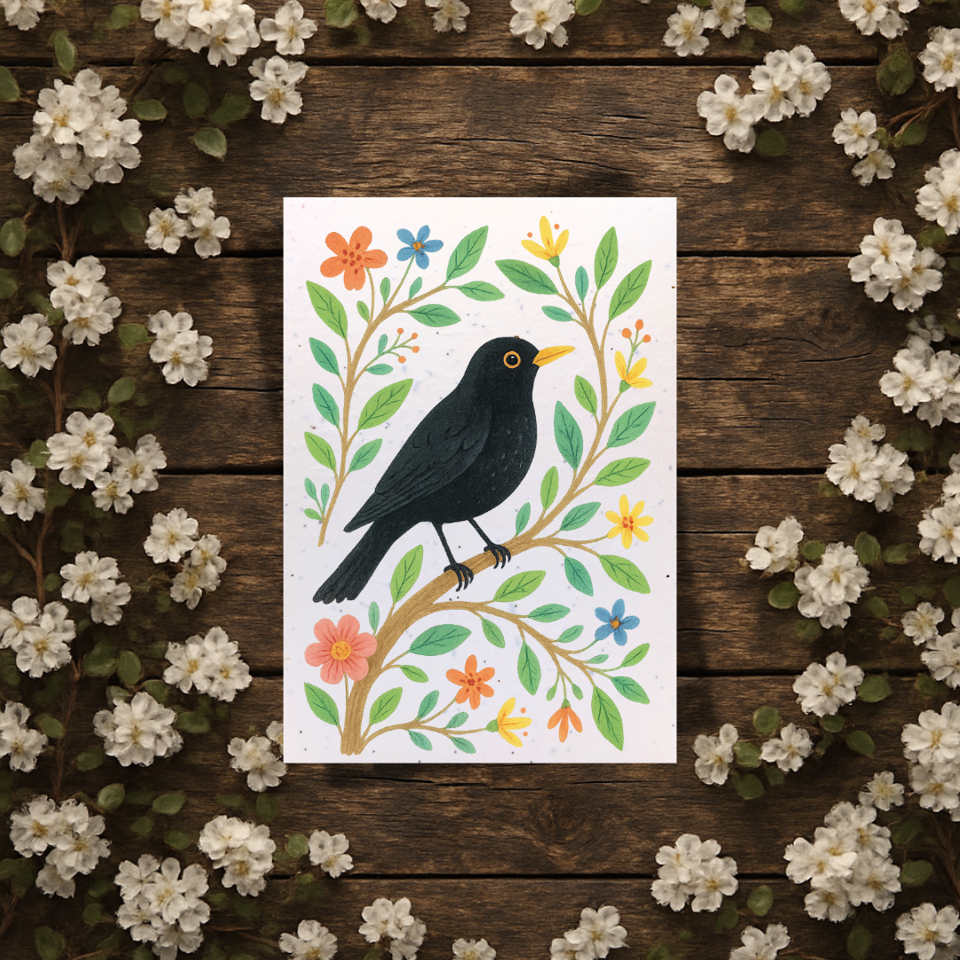 Plantable Seed Birthday Card - Blackbird on Tree Branch [Blank inside]
