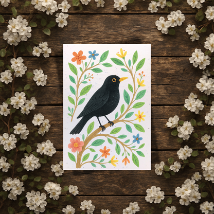 Plantable Seed Birthday Card - Blackbird on Tree Branch [Blank inside]