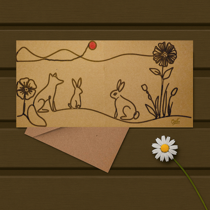 Felt Tip Drawn Connected Line Countryside Landscape Card (5.7 x 5.7 in)