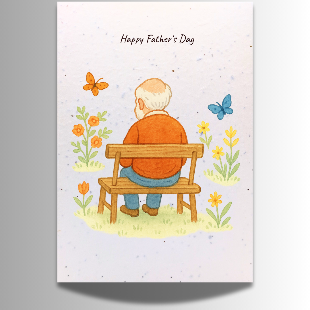 Plantable Seed Father's Day Card – Man on Bench with Blooming Garden [Blank inside]