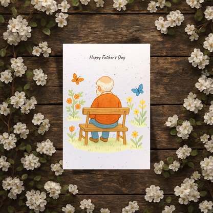 Plantable Seed Father's Day Card – Man on Bench with Blooming Garden [Blank inside]