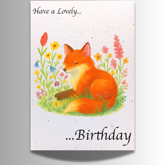 Plantable Seed Birthday Card – Resting Fox Among Flowers [Blank inside]
