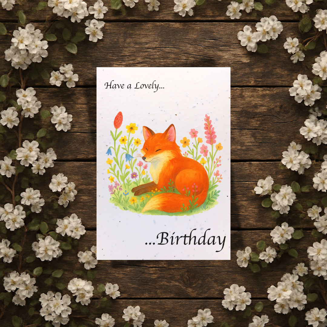 Plantable Seed Birthday Card – Resting Fox Among Flowers [Blank inside]