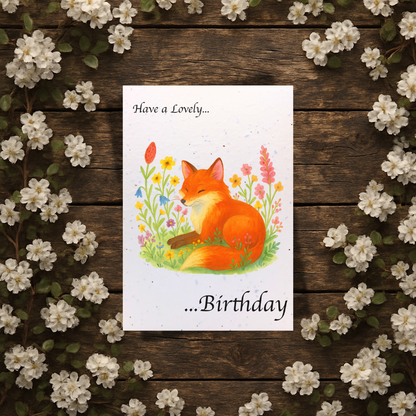Plantable Seed Birthday Card – Resting Fox Among Flowers [Blank inside]