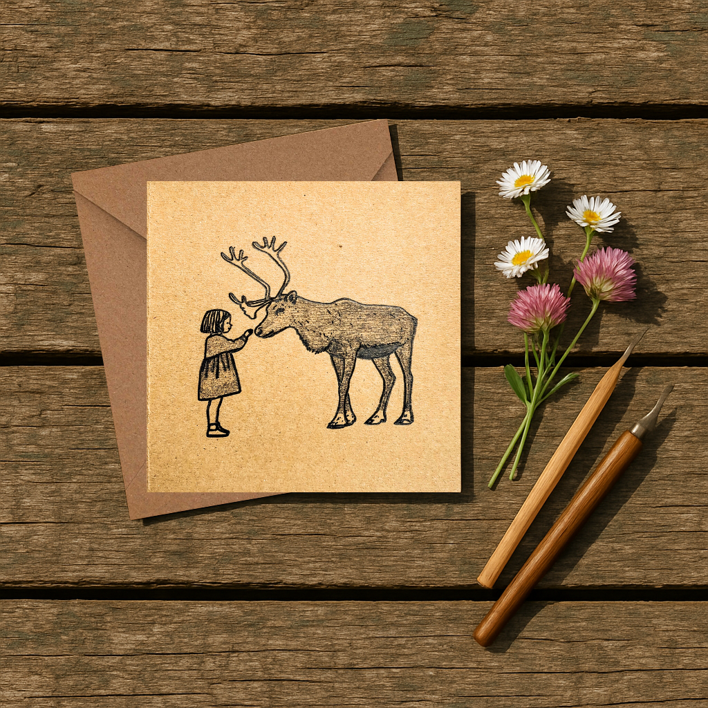 Pencil Drawn - The Girl & The Reindeer Christmas Card (5.7 x 5.7 in)