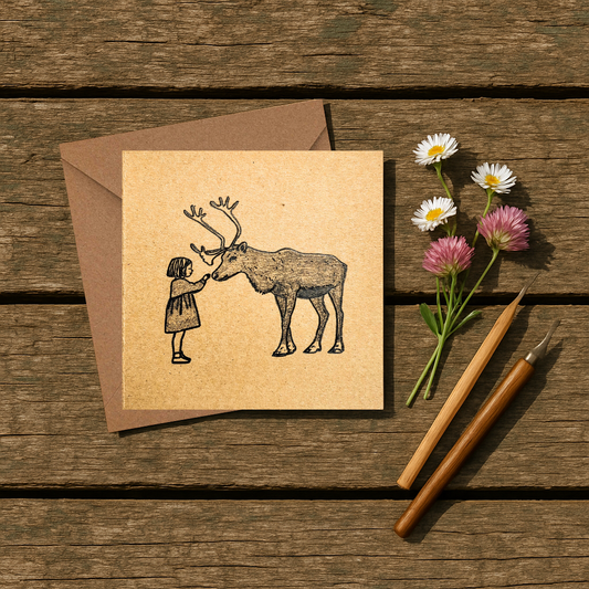 Pencil Drawn - The Girl & The Reindeer Christmas Card (5.7 x 5.7 in)